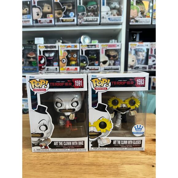 2 Art the Clown Terrifier Funko Pops EXC Bike Glasses #1593 #1591 Horror Movies - Picture 1 of 1